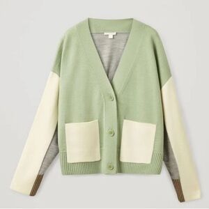 COS Green and Cream Men's Cardigan Sweater